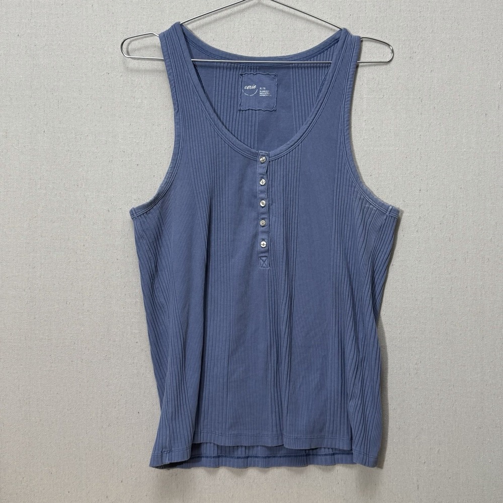 Aerie Womens XL Grey Ribbed Henley Tank Top Button Front Sleeveless